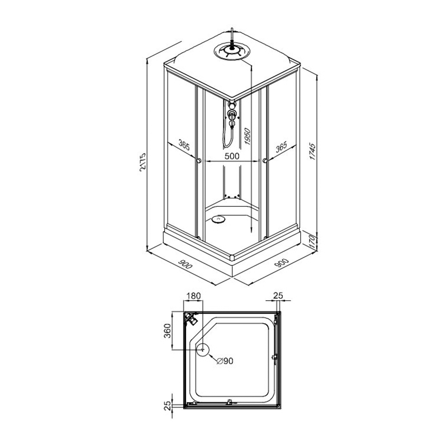 Кабина душевая 90*90 А Сатин-К ДН4 квадрат поддон низкий Белый  (6 мест+сифон D90мм)