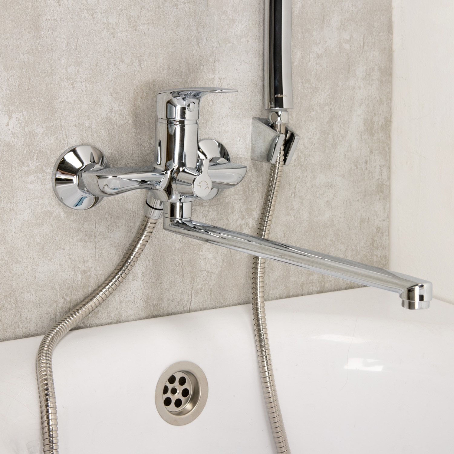 Смеситель для ванны Milardo Rora RORSB00M10, длинный излив, однорычажный, с лейкой