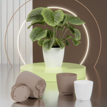 Кашпо пластм. "Флис" 0,75л d верха 115мм h110мм с поддоном, прикорн.полив Белый М8426 *1/24