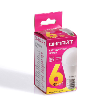 Лампа светодиодная ОНЛАЙТ, Е27, шар G45, 6 Вт, 450 Лм, 2700 К, теплый белый