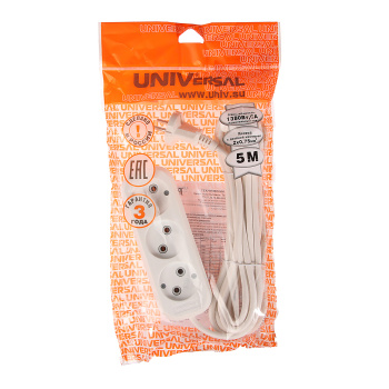 Удлинитель 3 розетки 5м б/з ПВС 2*0,75мм2 6А мощ.нагр 1300Вт Универсал У6-639М *1/35